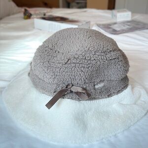 Cozy Sherpa Bucket Hat with Ribbon - Taupe and Cream